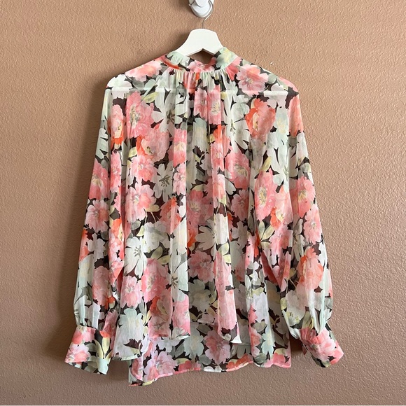 Zara Sheer Longe Sleeve Floral Back Tie Blouse Size XL - Picture 2 of 10